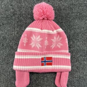 Roffz Norway Hat Beanie Kids 44-46 (6-12M) Pink Snowflake Ear Flap Pom Tassel